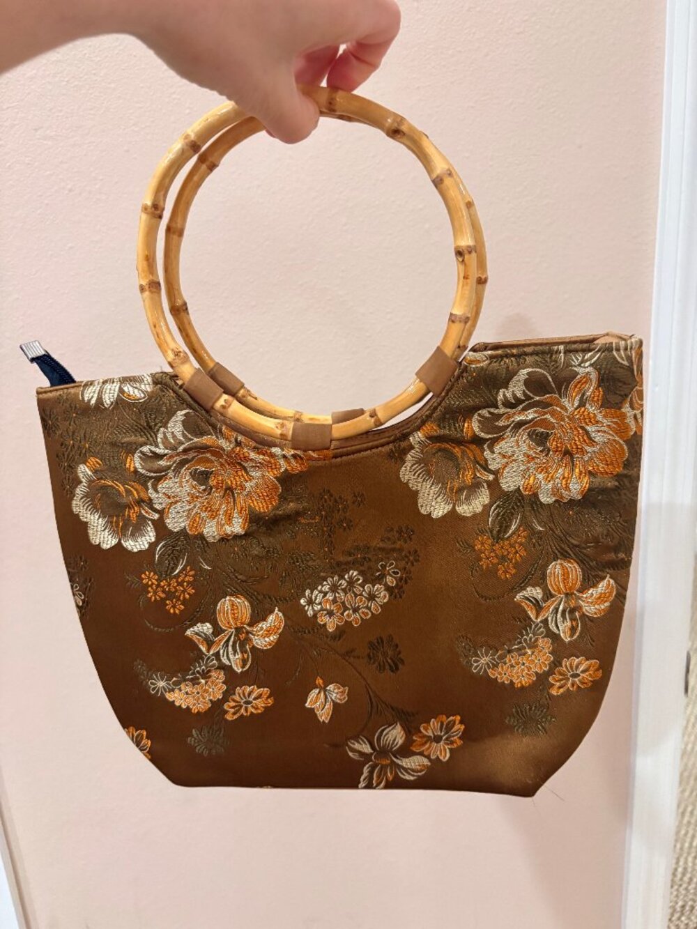Vintage Floral Embroidered Purse with Bamboo Handle